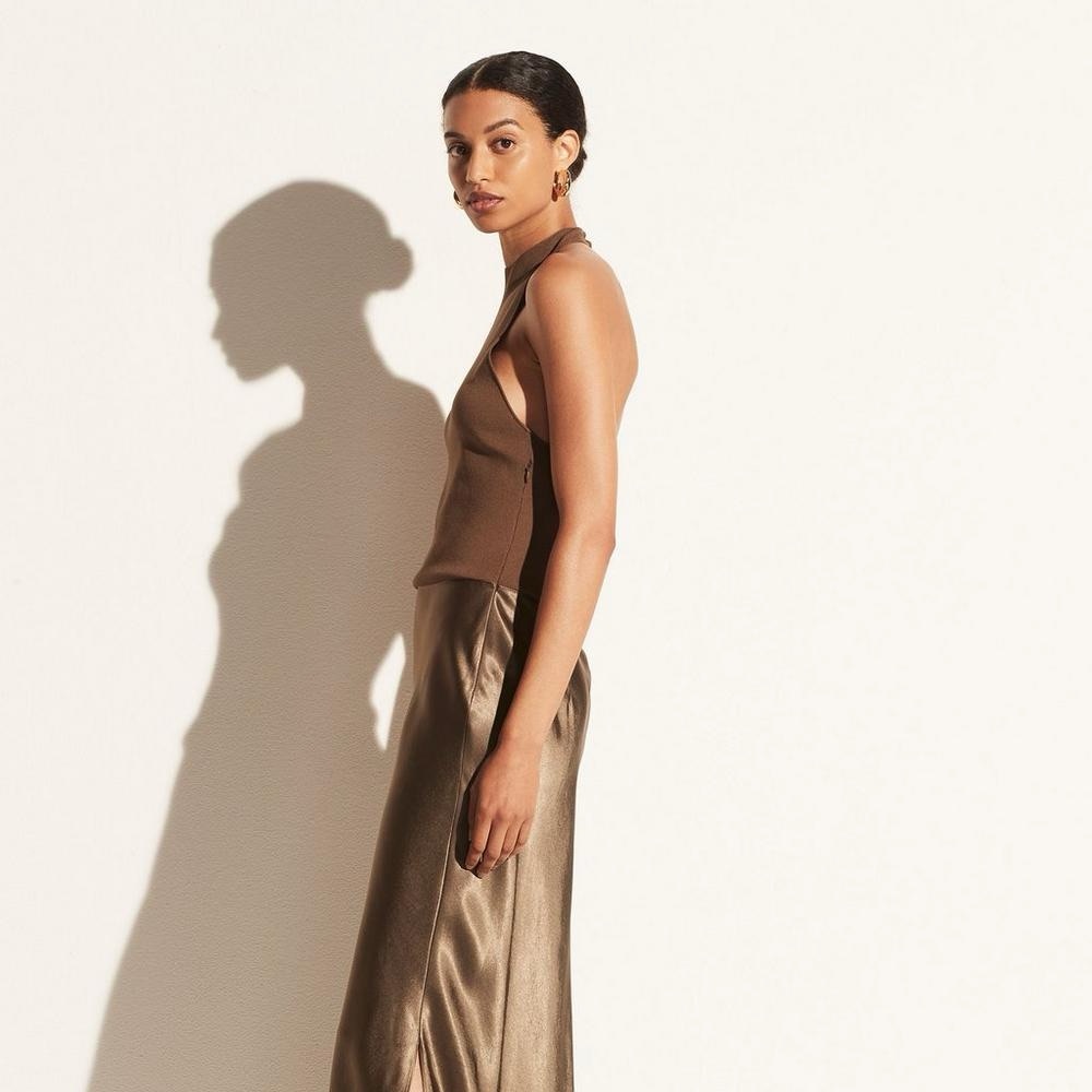 Vince Brown Mixed Media Mock Neck Halter Dress